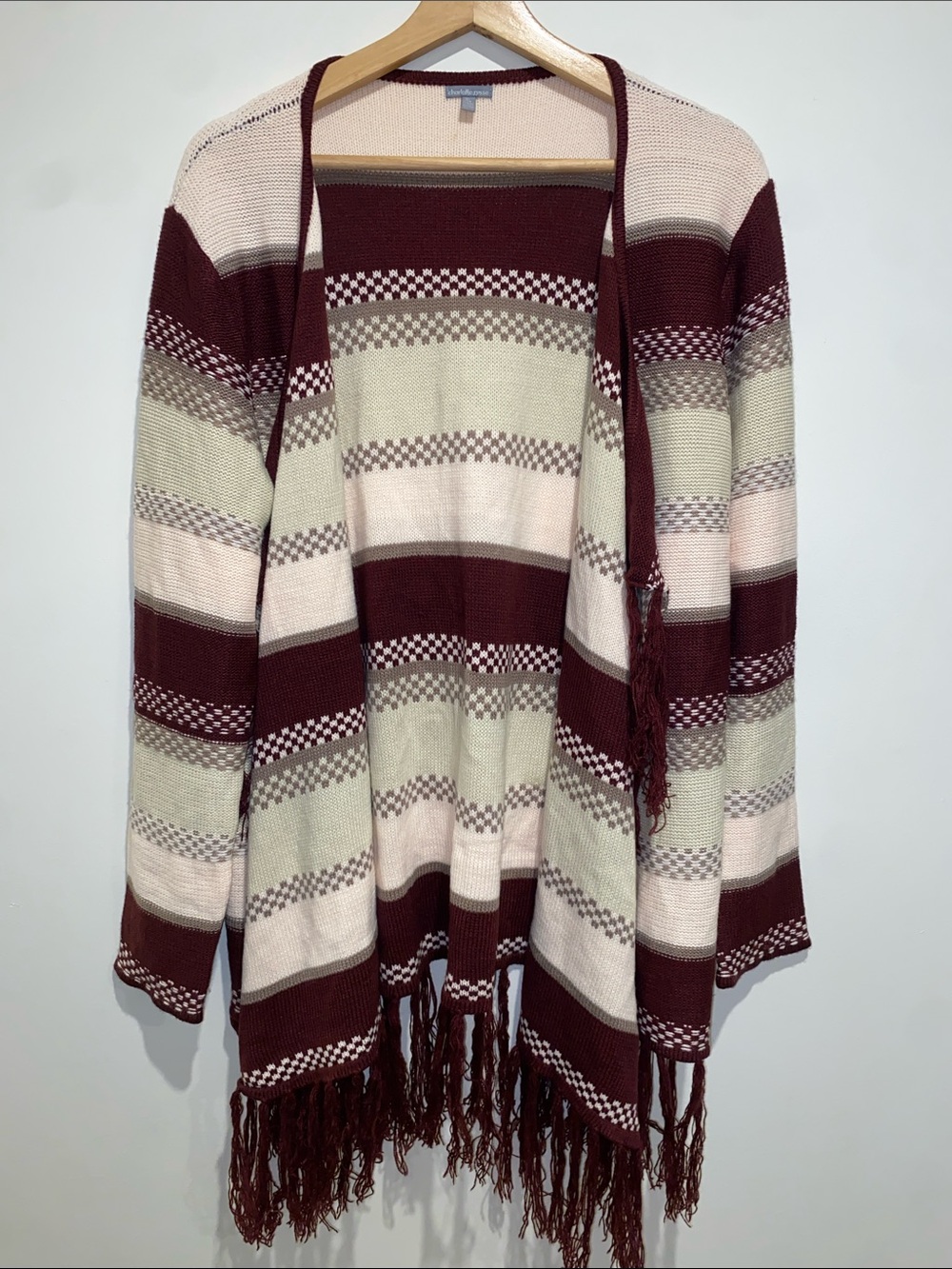 Charlotte Russe Burgundy, Cream & Taupe Striped Fringe Cardigan Sweater Size XL